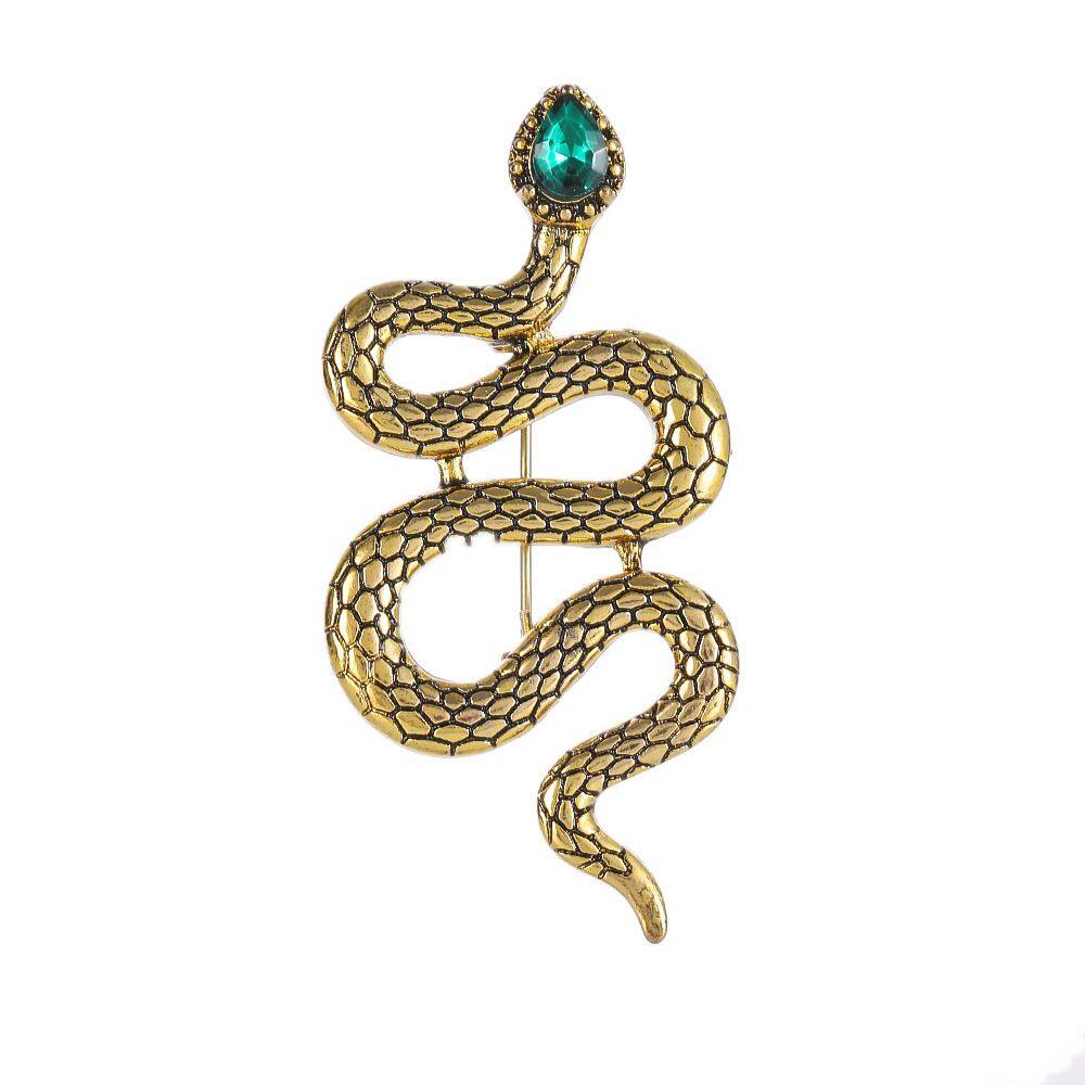Broche Vintage Snake com gema verde esmeralda, liga dourada