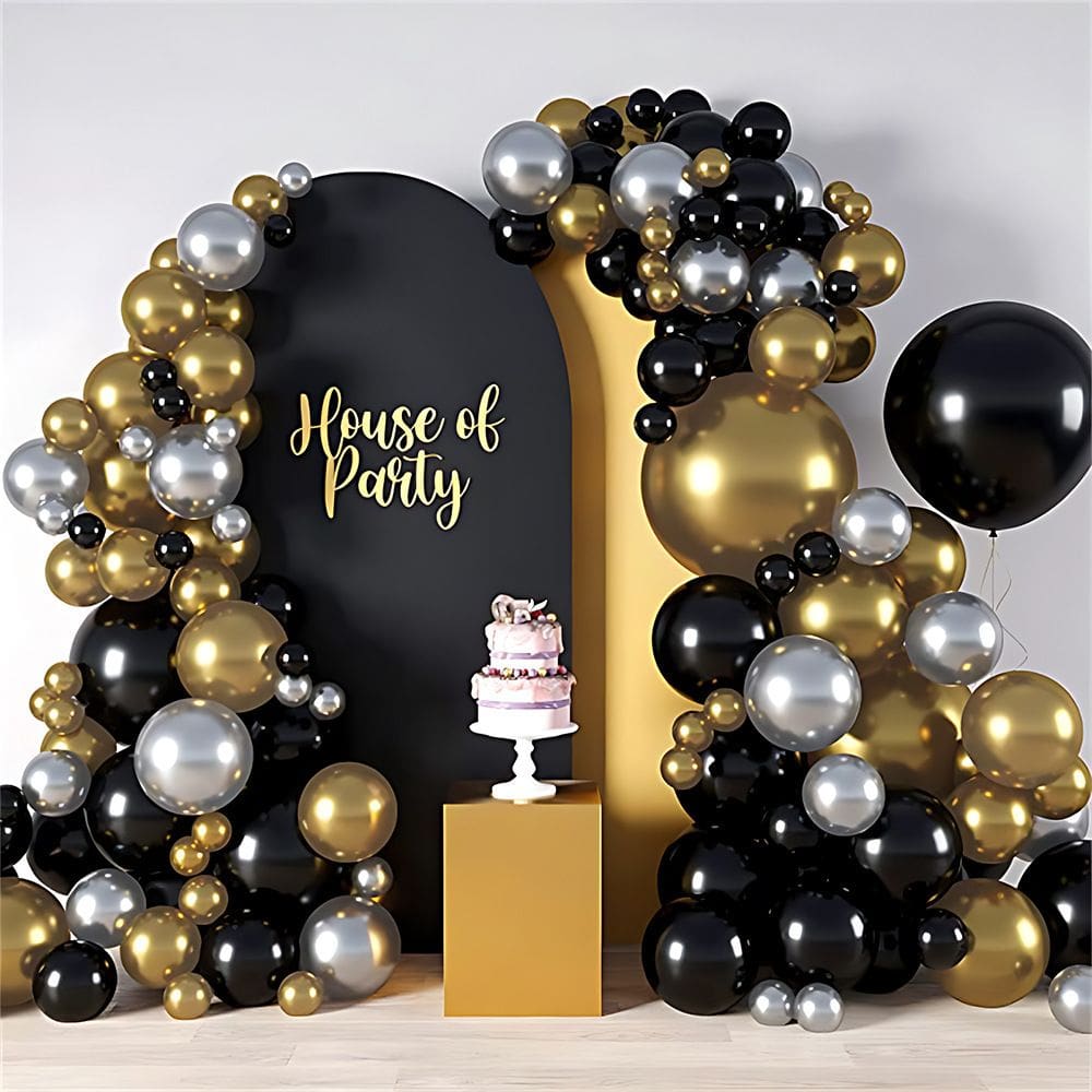 Kit Balloon Arch, 95 unidades de látex preto, dourado e prateado para festa