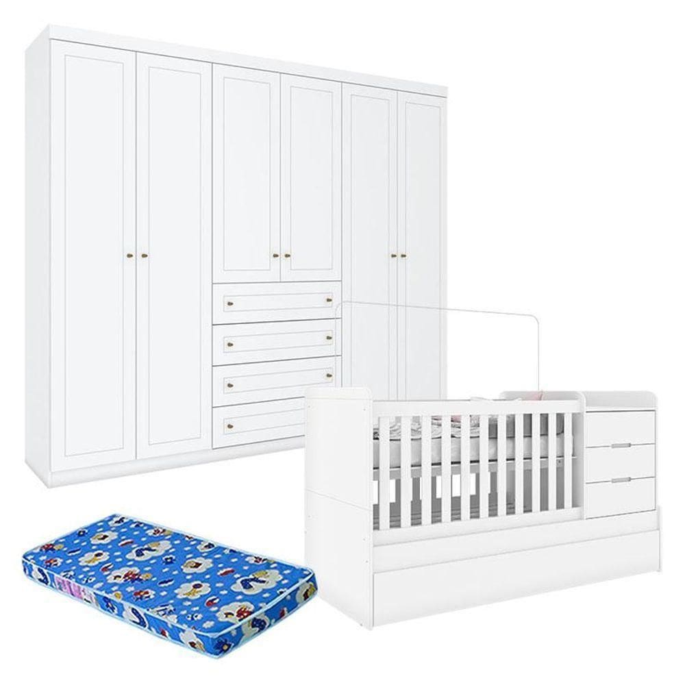 Berço Multifuncional Cleo E Guarda Roupa Infantil 6 Portas Americano Branco Fosco Com Colchão Ortobom - Henn