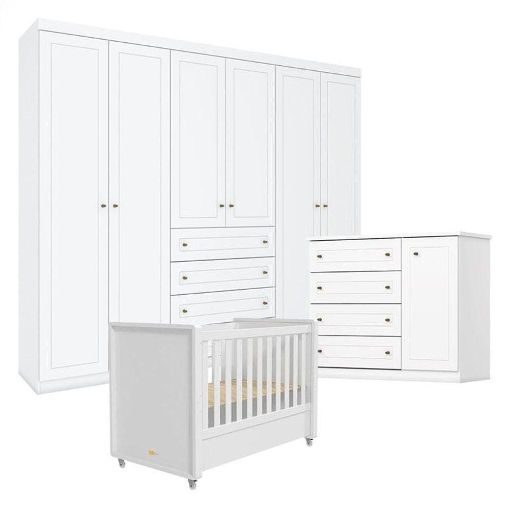 Quarto Infantil Americano 6 Portas Com Berço Tutto New Branco Fosco - Henn