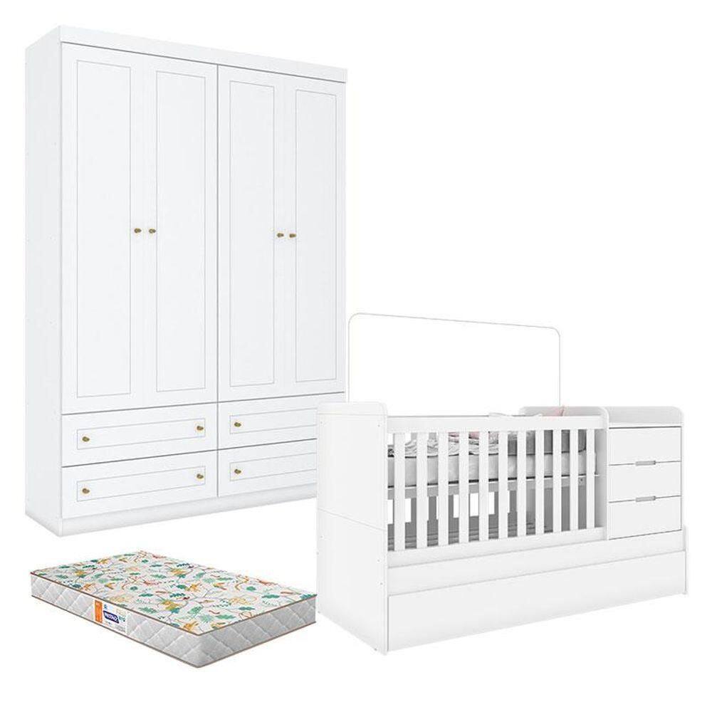 Berço Multifuncional Cleo E Guarda Roupa Infantil 4 Portas Americano Branco Fosco Com Colchão Gazin - Henn