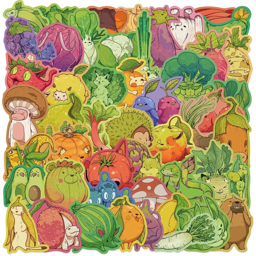 Pacote de adesivos de desenho animado de frutas e vegetais de animais x50 à prova d`água