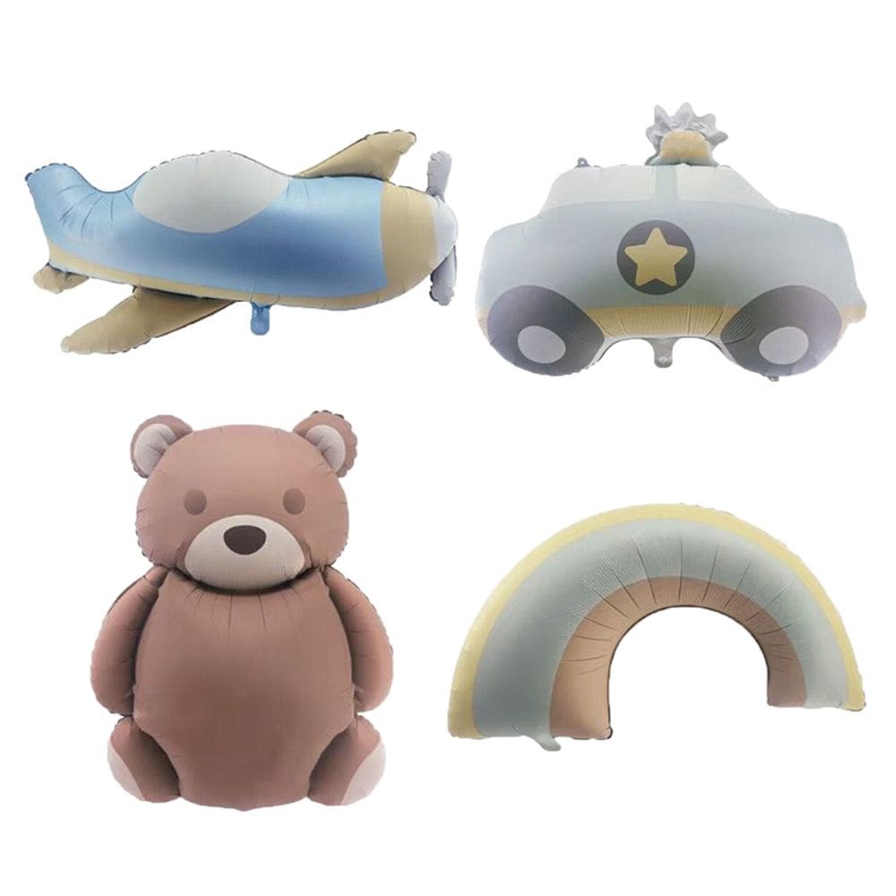 Conjunto de balões metalizados com design de desenho animado: urso, avião, carro x4