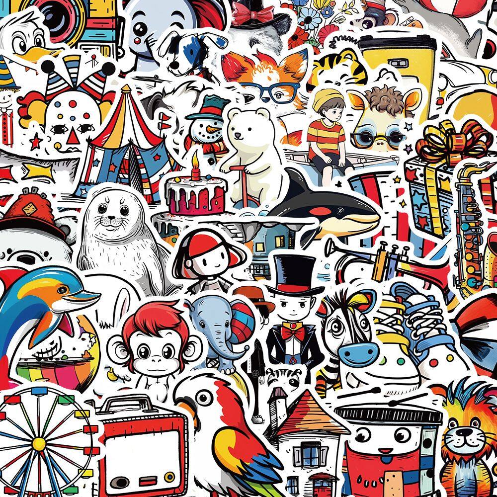 Adesivos fofos de circo, 50 peças de vinil de desenho animado à prova d`água