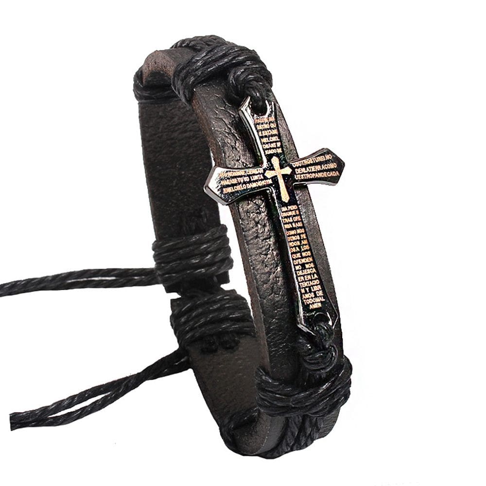 Pulseira Cross Leather Vintage para homens, oração gravada a laser
