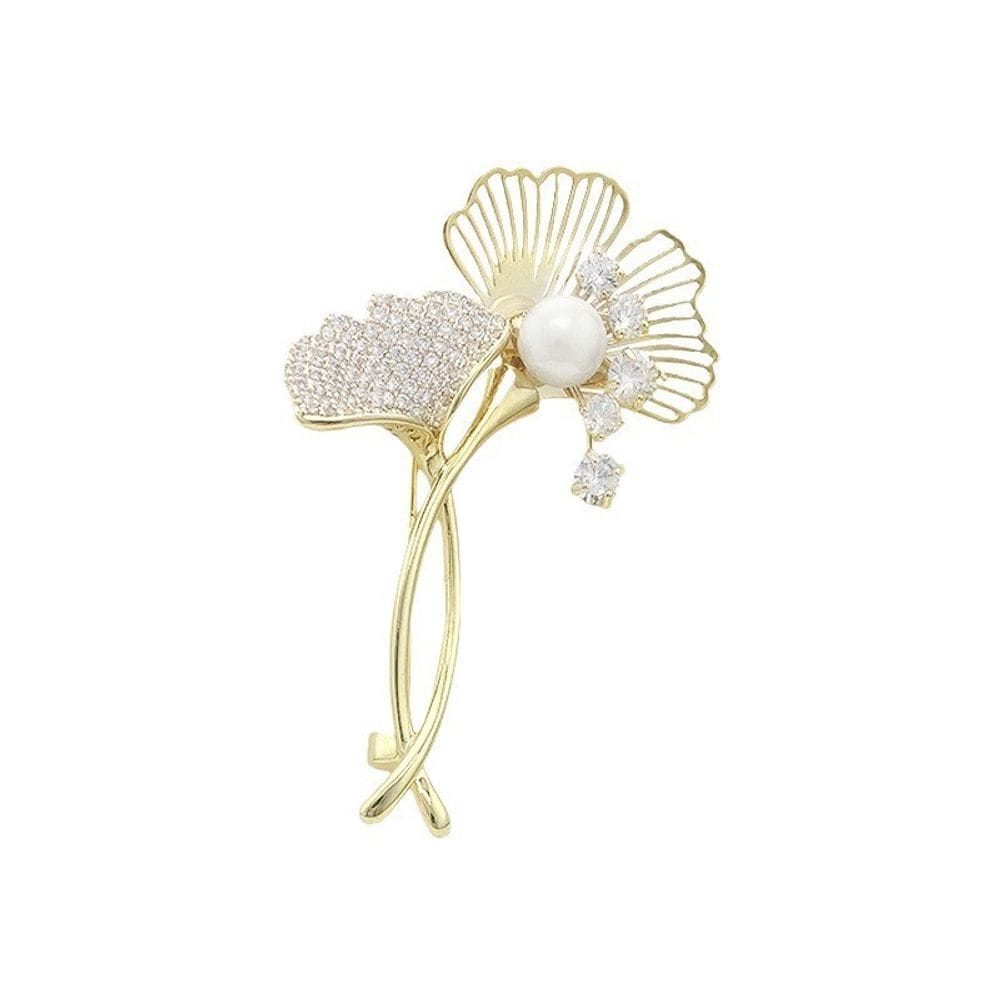 Broche Pin Elegant Pearl Ginkgo Leaf Gold para mulheres