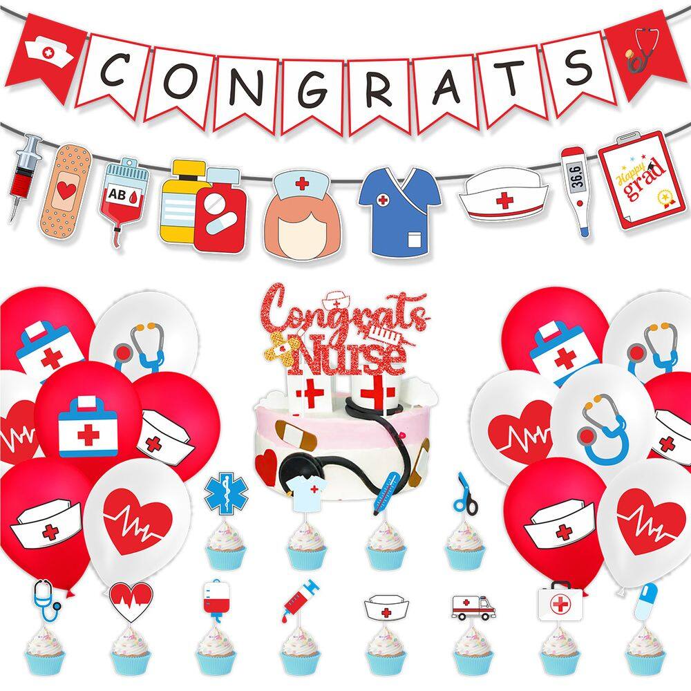 Conjunto de decoração de festa de formatura, 29 unidades, com tema de enfermeira, vermelho