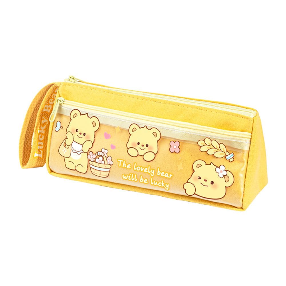 Estojo de lápis de grande capacidade com estampa de urso fofo em tela amarela