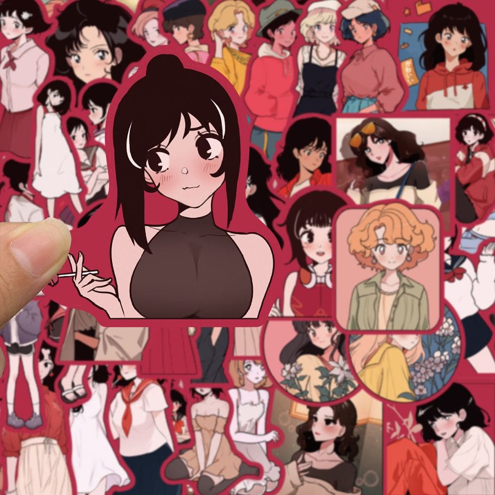 Adesivos vintage de estilo japonês Kawaii Cat and Girl x50