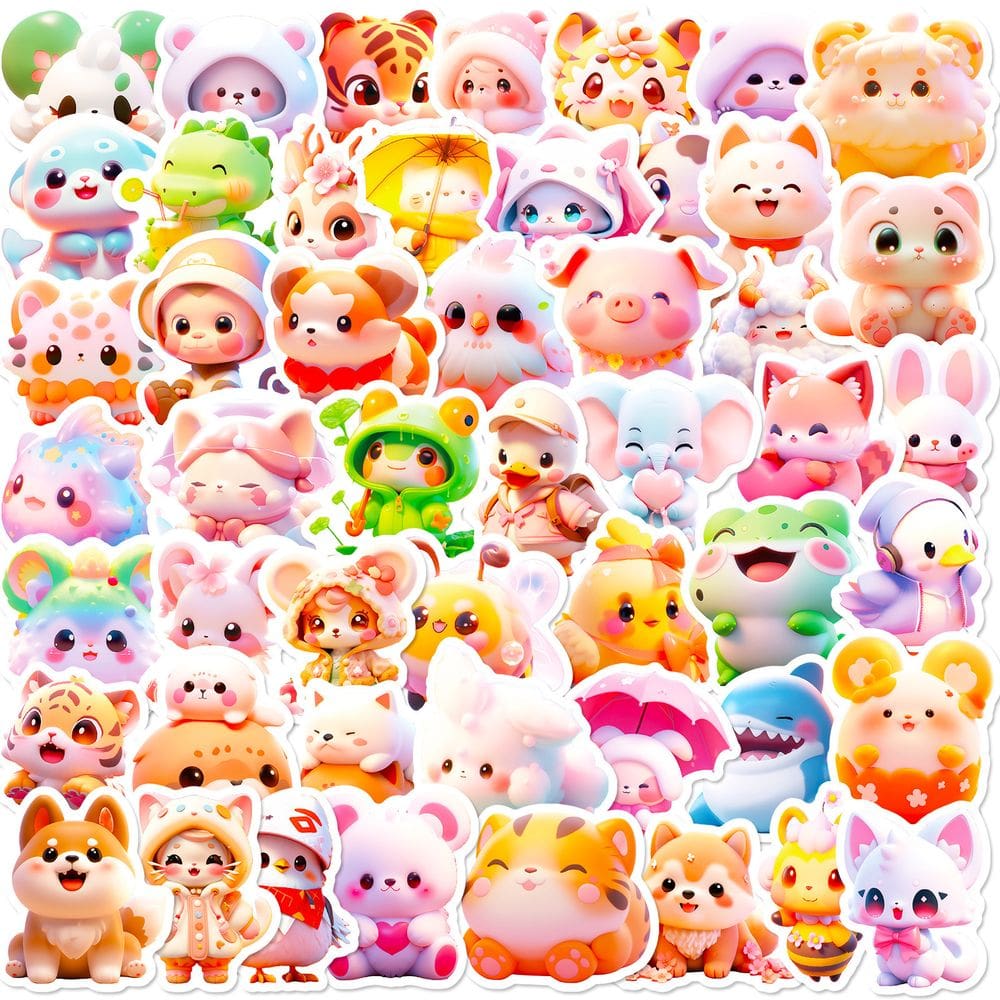 Pacote de adesivos Cute Animal Pink, 50 unidades de desenho animado Kawaii 3D
