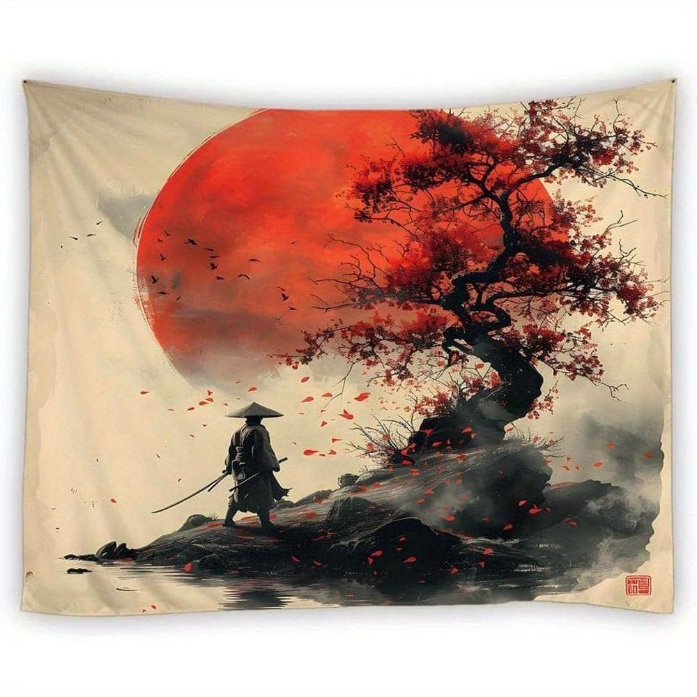 Tapeçaria para pendurar na parede Japanese Samurai Red Moon 150x130cm