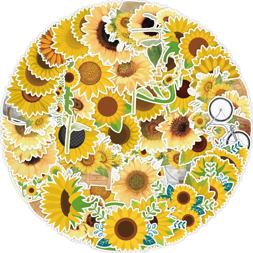 Pacote de adesivos de girassol, 50 unidades, amarelo brilhante, desenho animado floral