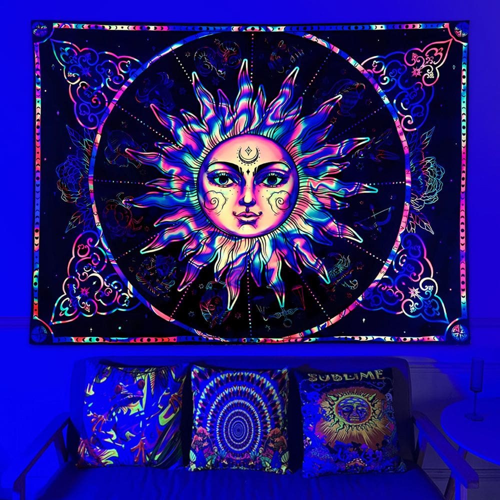 Tapeçaria Bohemian UV Glow Sun Tarot Cartão 150x130cm de poliéster