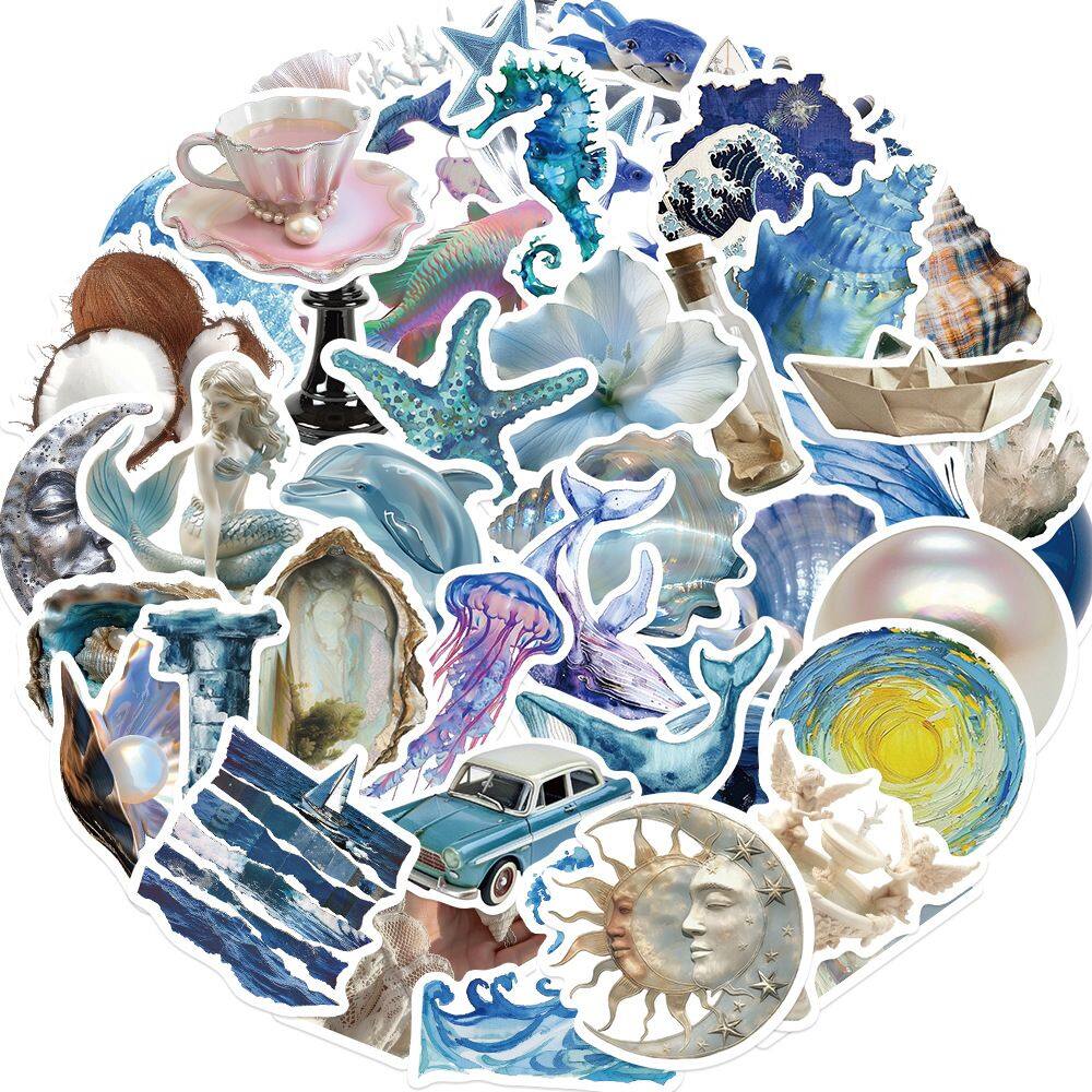 Pacote de adesivos Silver Blue Ocean Aesthetic 50 unidades