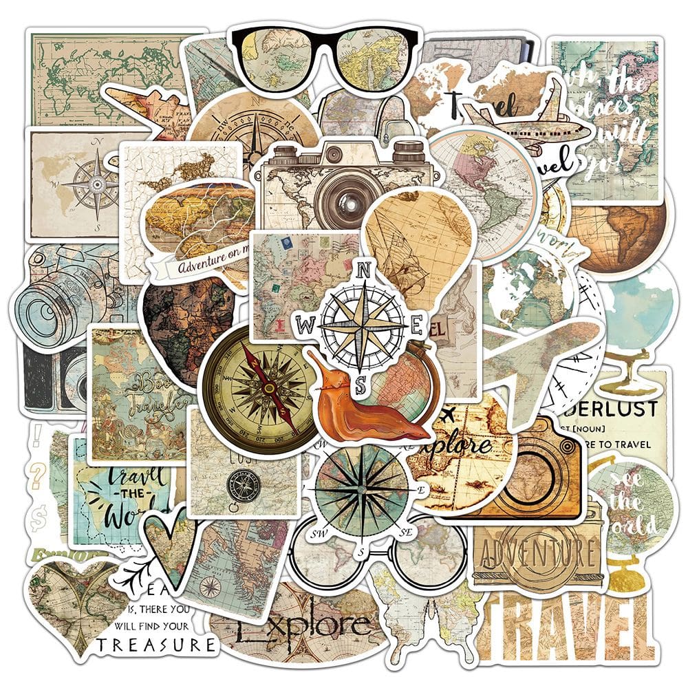 Pacote de adesivos Vintage Travel, 50 unidades, mapa mundial retrô e com