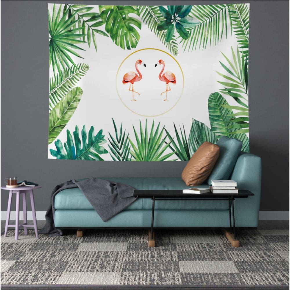 Tapeçaria pendurada na parede com folhas verdes de flamingo tropical 130x158cm