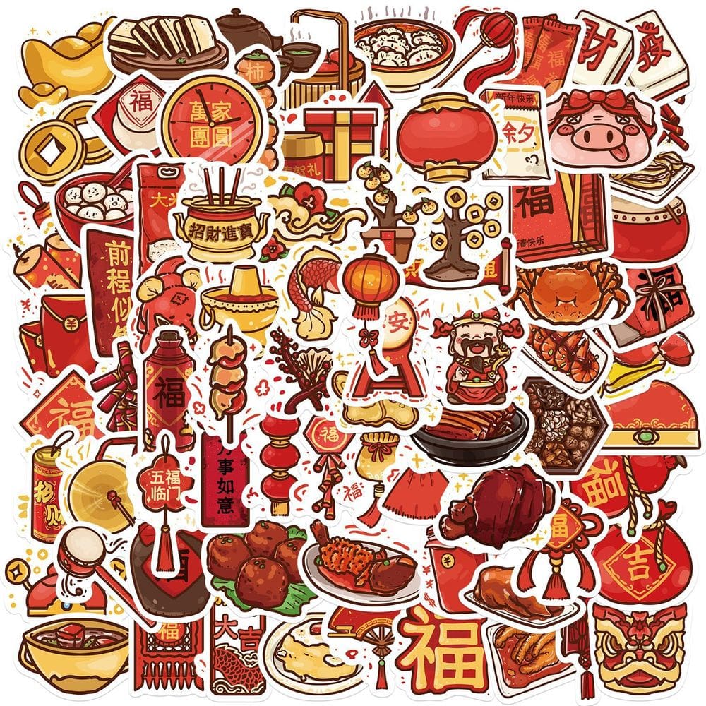 Pacote de adesivos para o Ano Novo Chinês, 80 peças de comida para festivais de desenhos animados