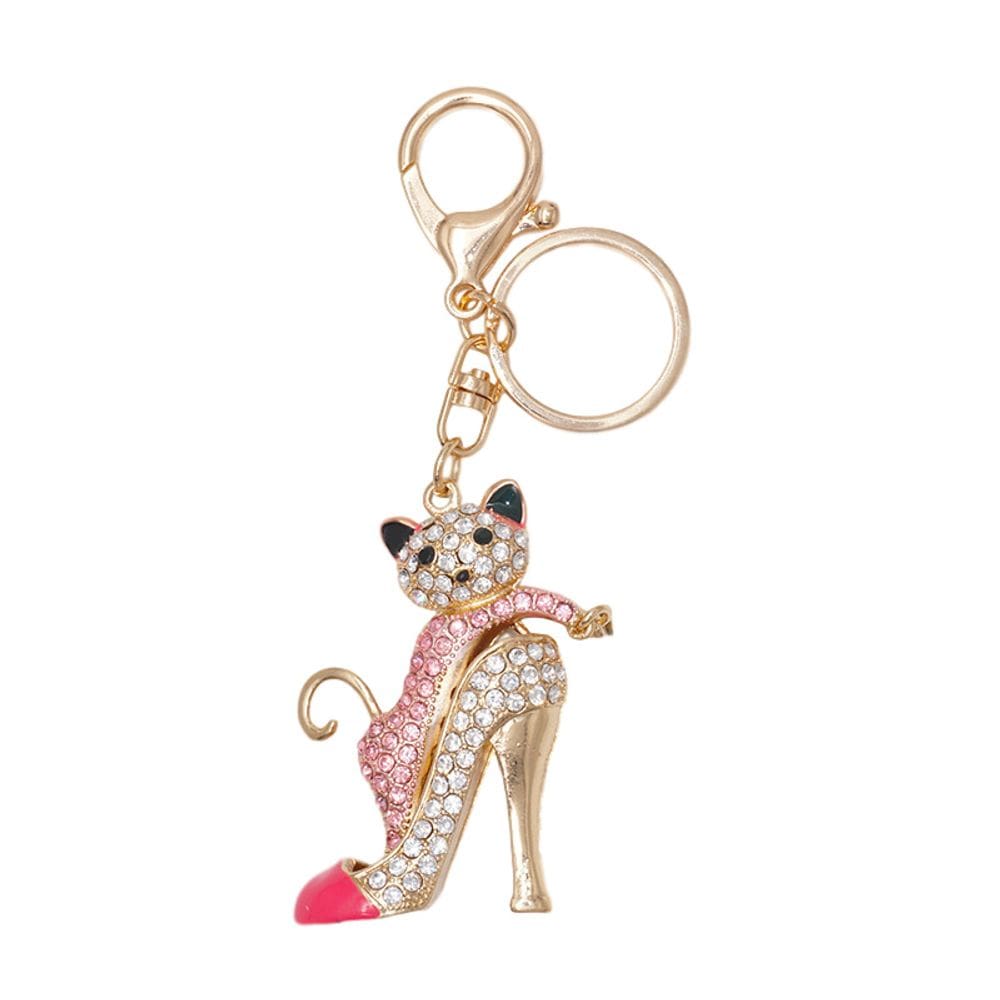Chaveiro Cute Cat High Heel para mulheres com strass de cristal rosa