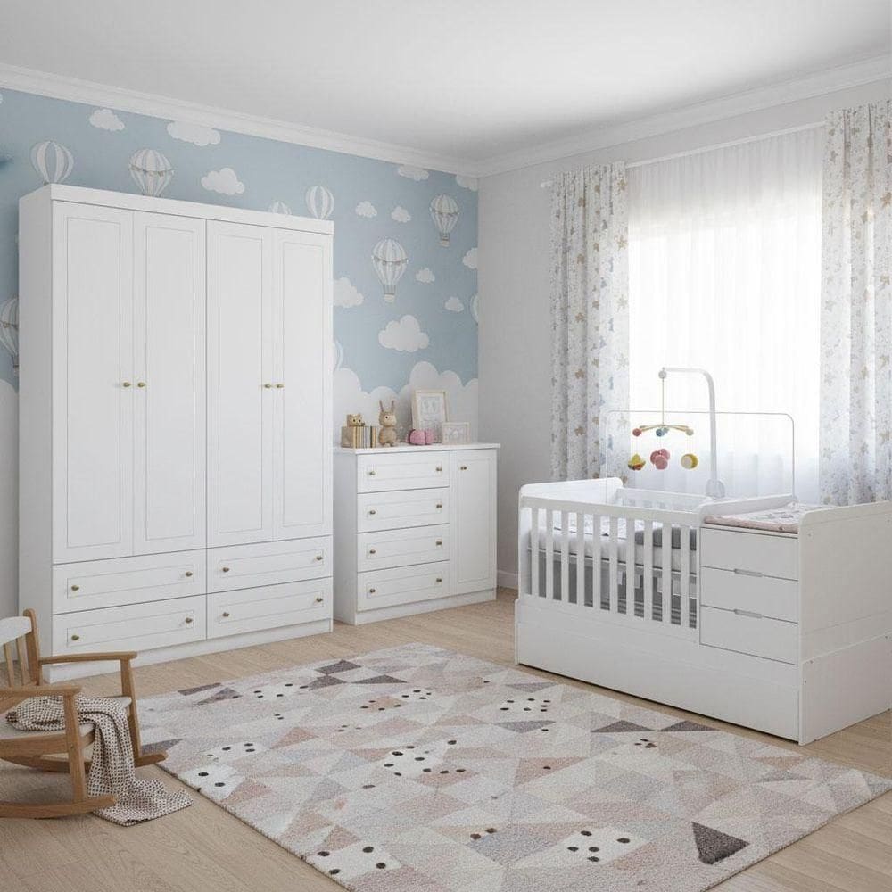 Quarto Infantil 4 Portas Americano Com Berço Multifuncional Cleo Ambiente Branco Fosco Com Colchão Gazin - Henn