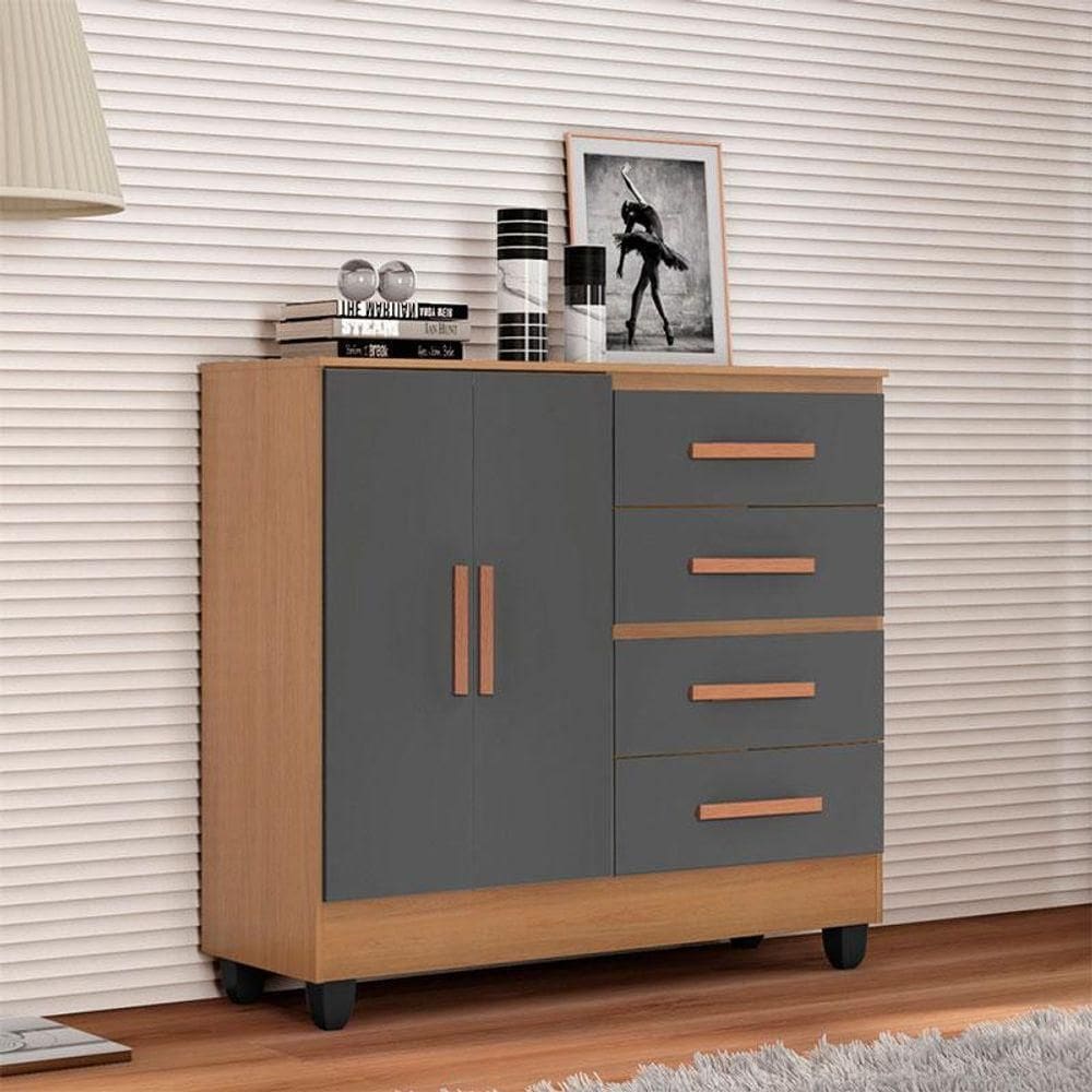 Cômoda Ambiente Lite 4 Gavetas 2 Portas Nature Cinza - Móveis Leão