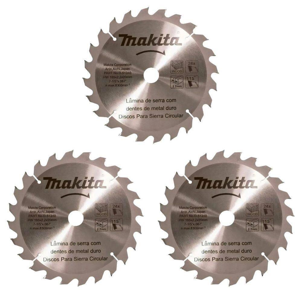 Kit Com 03 Discos De Serra Circular Para Madeira 7.1-4 185mmx2.2mm 24 Dentes Makita D-51340