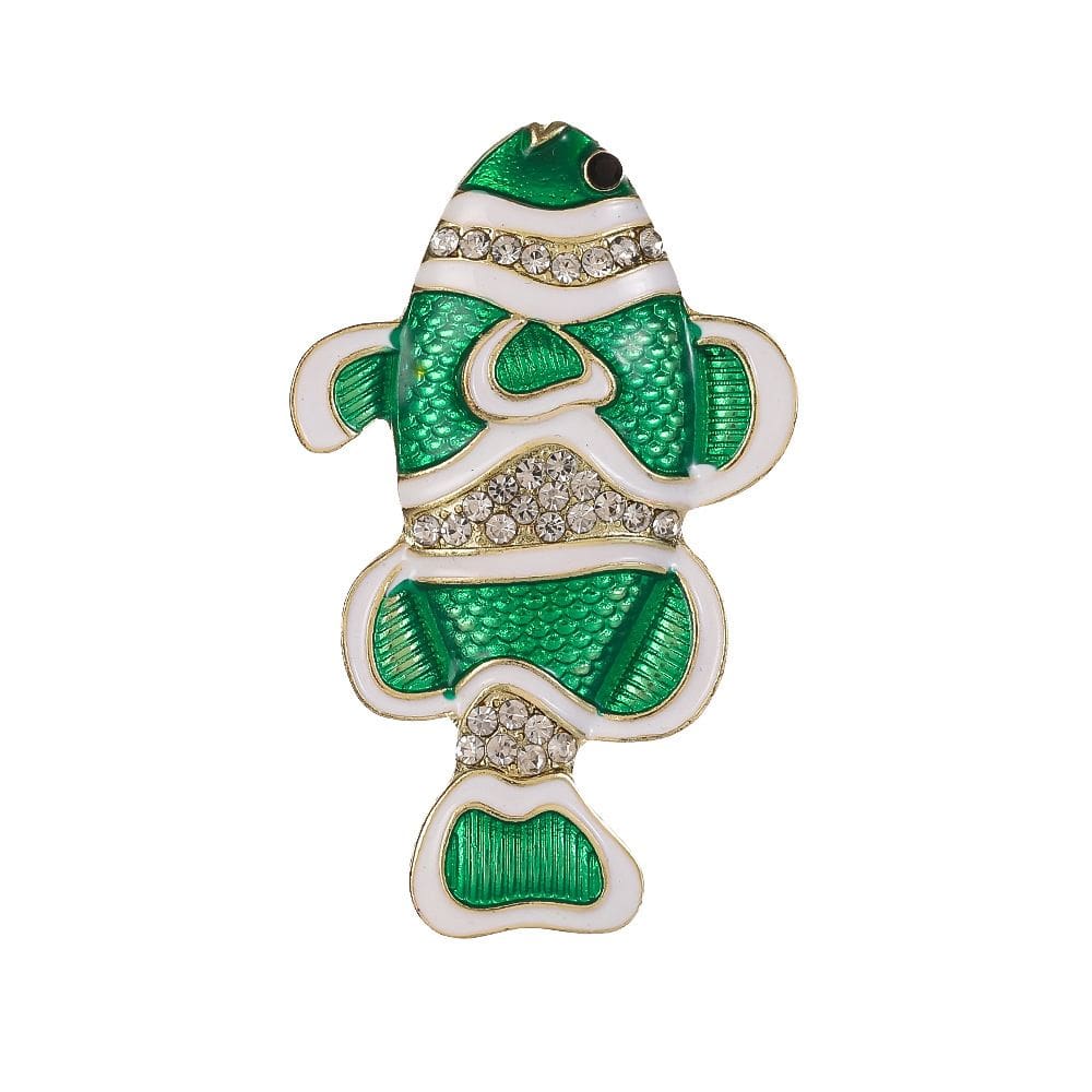 Alfinetes de broche Green Fish com esmalte de strass para mulheres