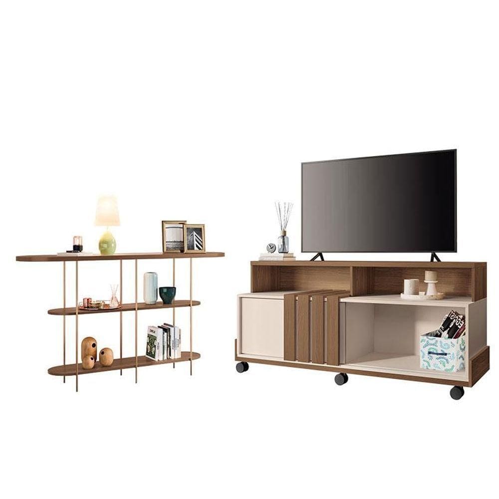 Rack Bancada Graci Com Aparador Infinity Castanho Off White - Hb Móveis