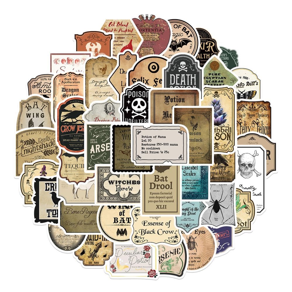 Conjunto de adesivos de 50 unidades de garrafas de poção mágica de desenhos animados Fantasy
