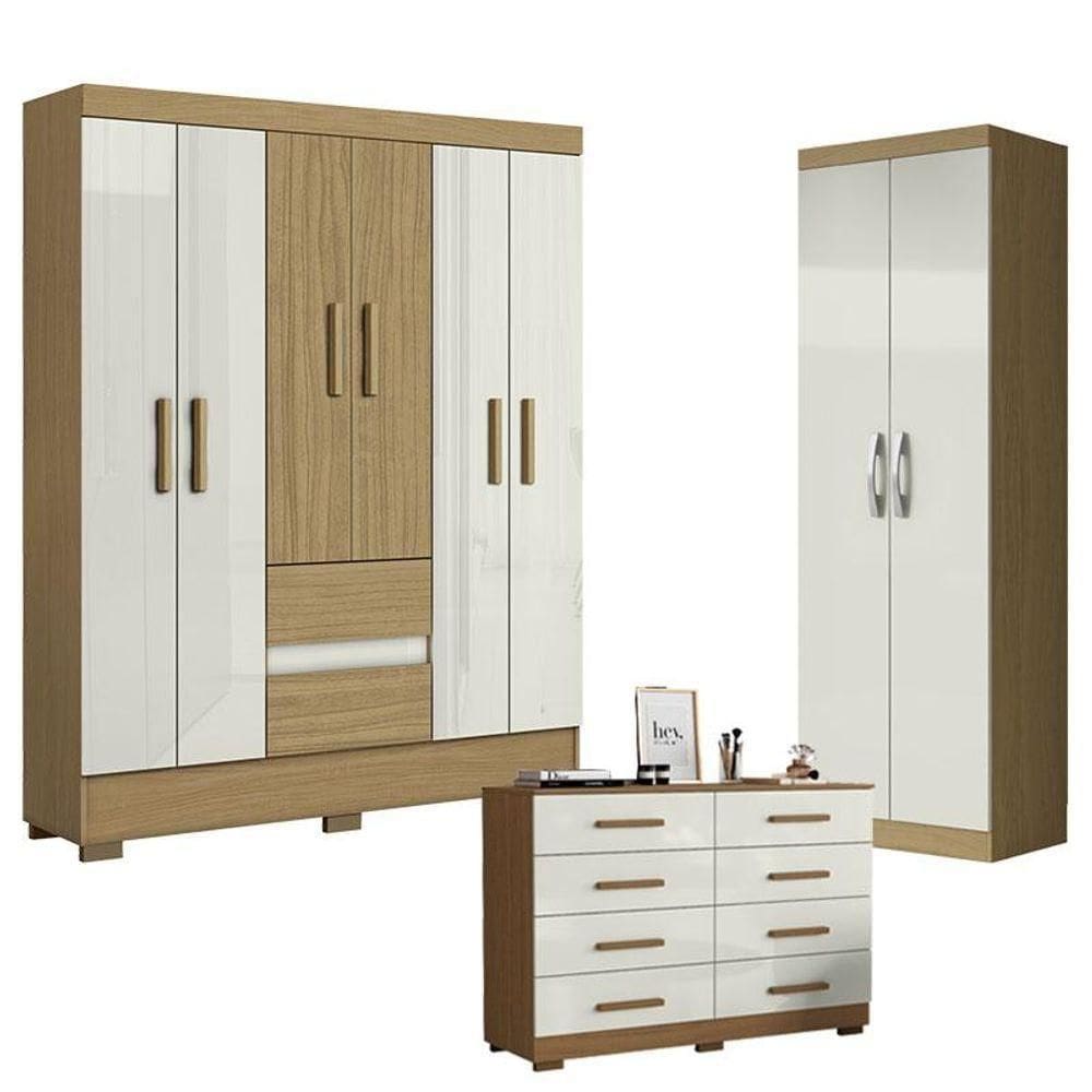 Guarda Roupa Casal Coimbra 2005138 Com Armário Multiuso New 2000192 E Cômoda 2014148 Atacama Off White - Aramóveis
