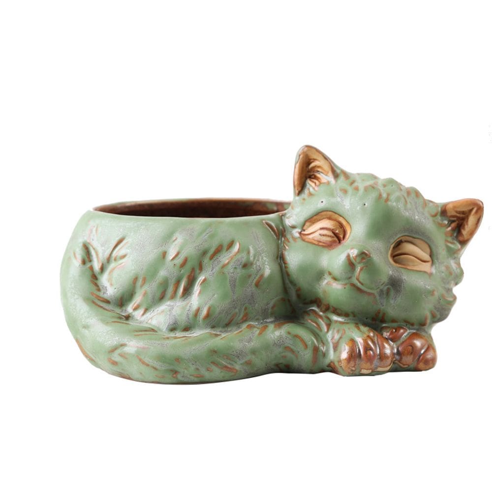 Vaso de flores Ceramic Cat Green Cartoon Desenho de descanso de animais