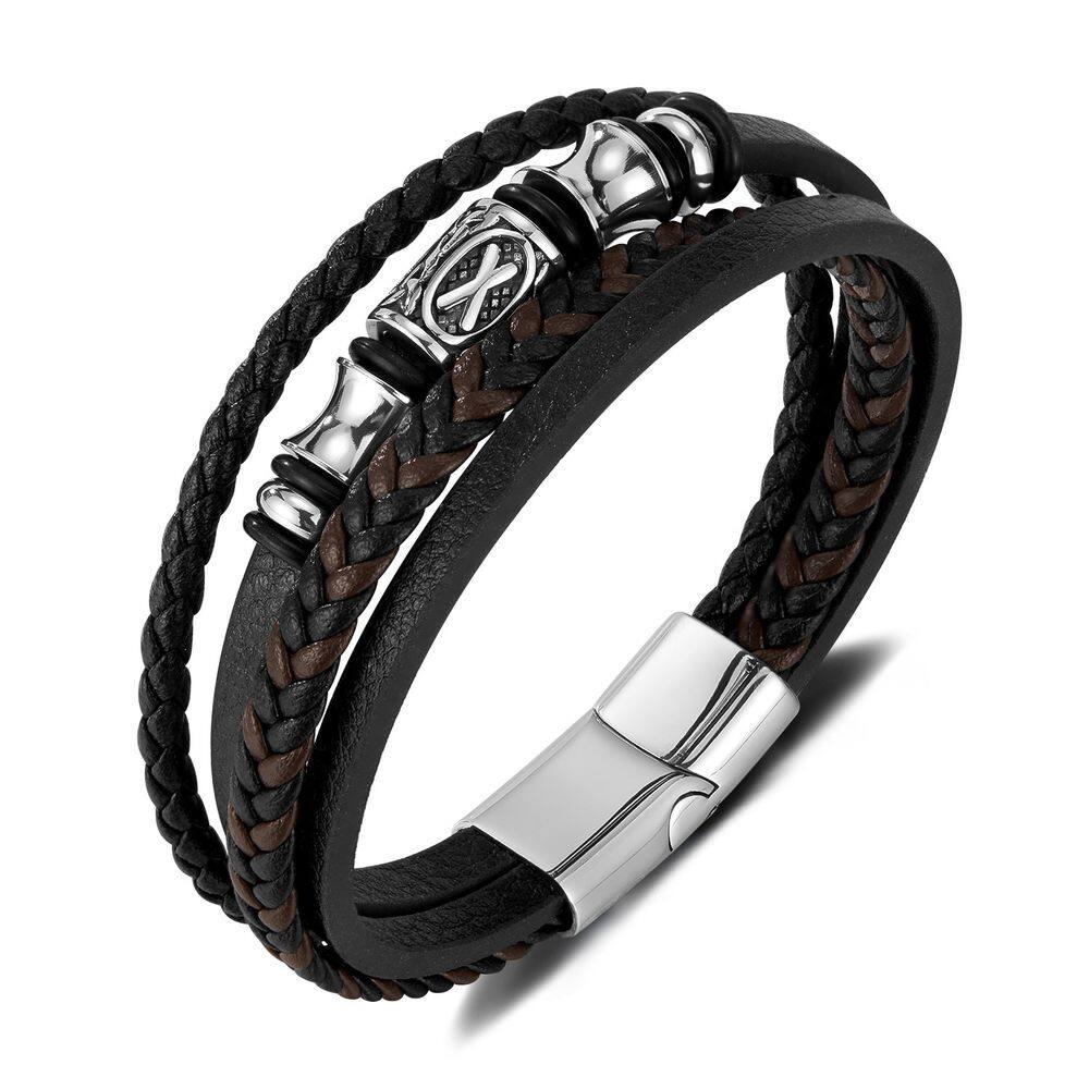 Pulseira de couro PU trançado vintage para homens de aço inoxidável de 21 cm