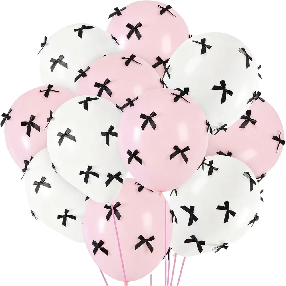 Balões rosa e brancos de 30 cm com laços pretos, 24 unidades