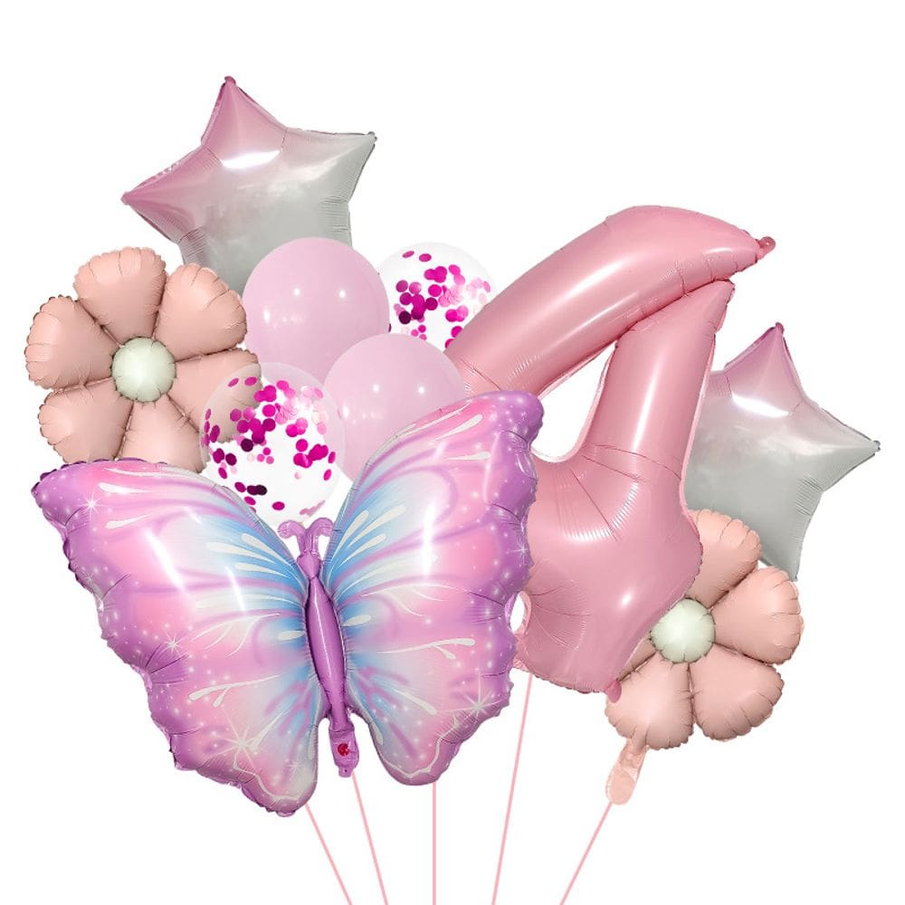 Conjunto de balões com tema de borboletas e flores com papel alumínio número 4 x 10