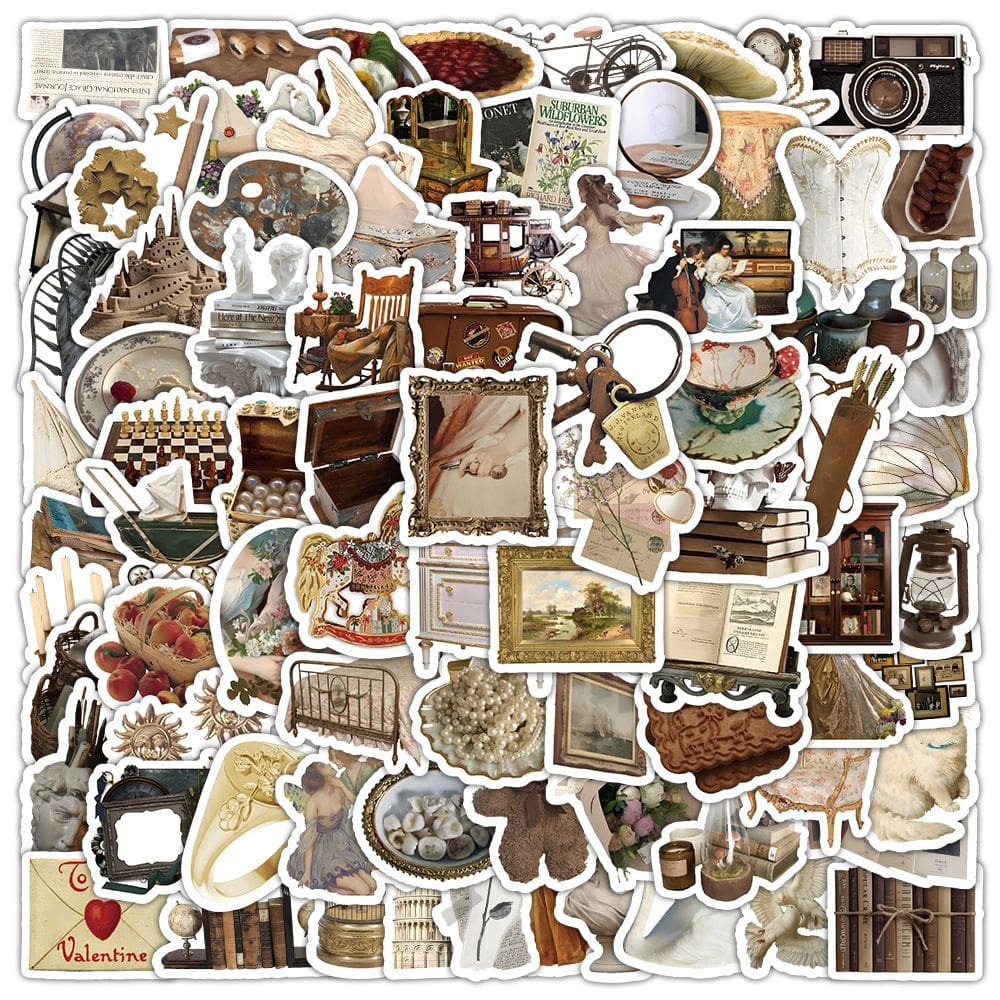 Adesivos vintage, objetos antigos em preto e branco, 50 unidades