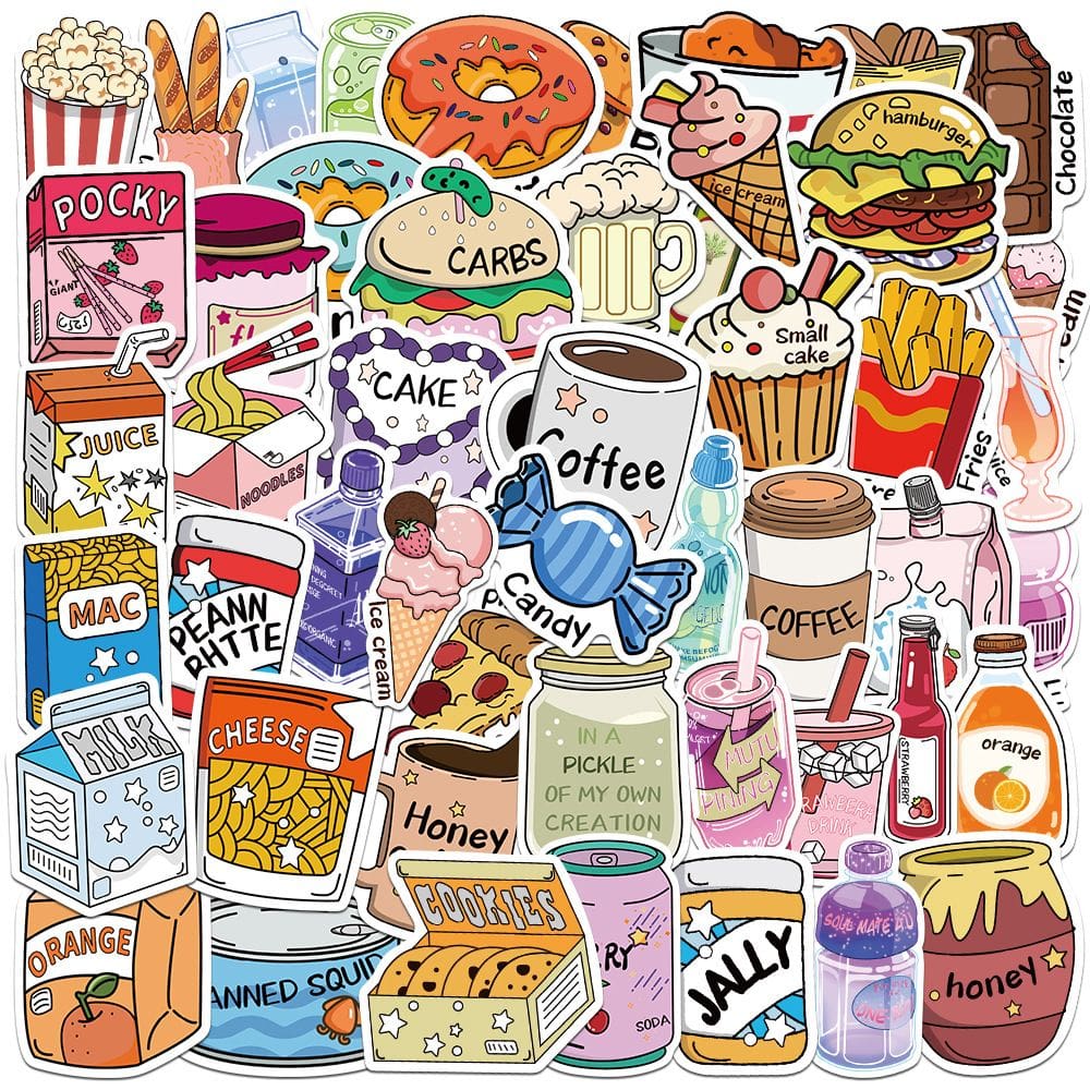 Pacote de adesivos com tema de lanche, 50 peças fofas de desenhos animados, alimentos impermeáveis