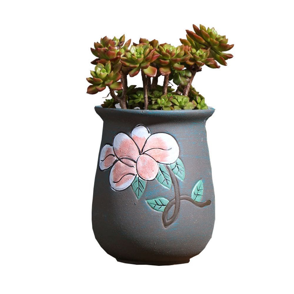 Vaso de flores cerâmico médio pintado à mão com design floral 12x12x15,5 cm