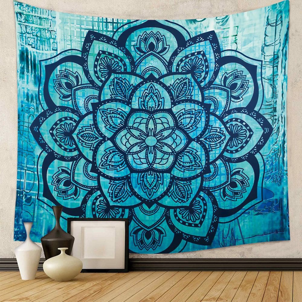 Tapeçaria pendurada na parede com padrão de mandala azul 150cm x 130cm