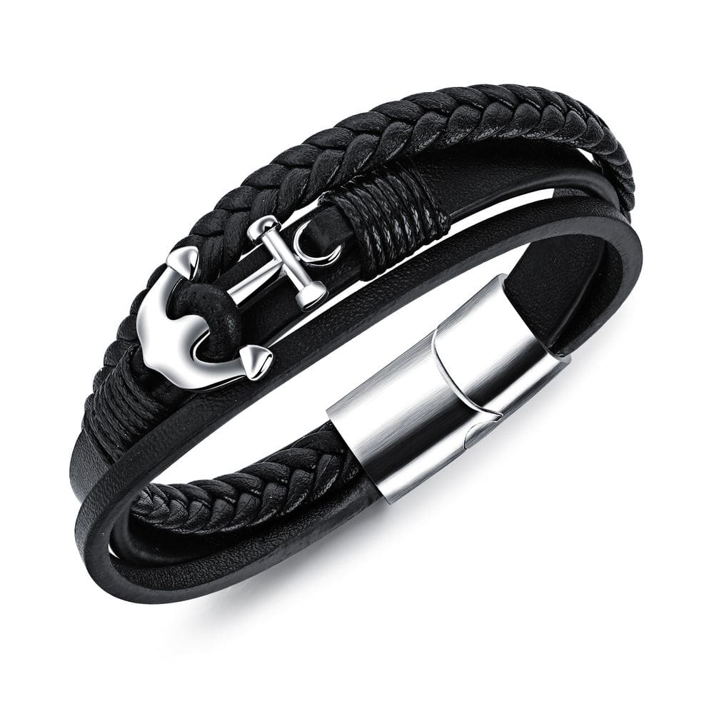 Bracelete Anchor Charm para homens, couro poliuretano trançado de várias camadas
