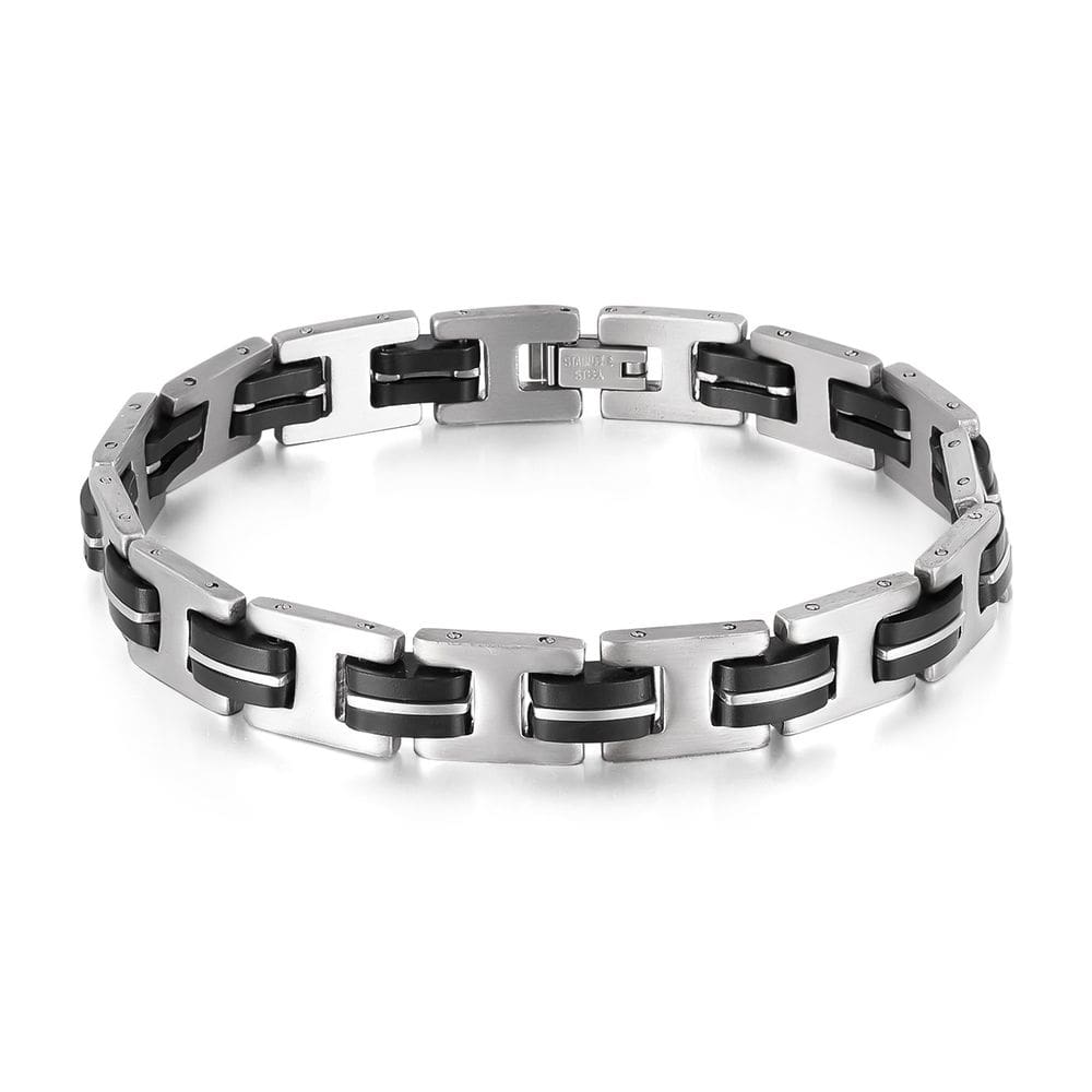 Pulseira masculina de aço inoxidável estilo punk com incrustações pretas