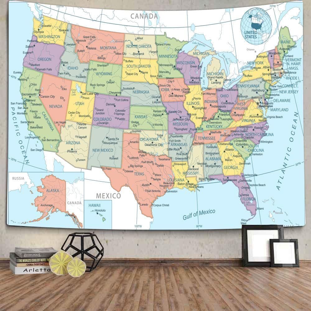 Tapeçaria para pendurar na parede USA Map Educational 150x130cm poliéster
