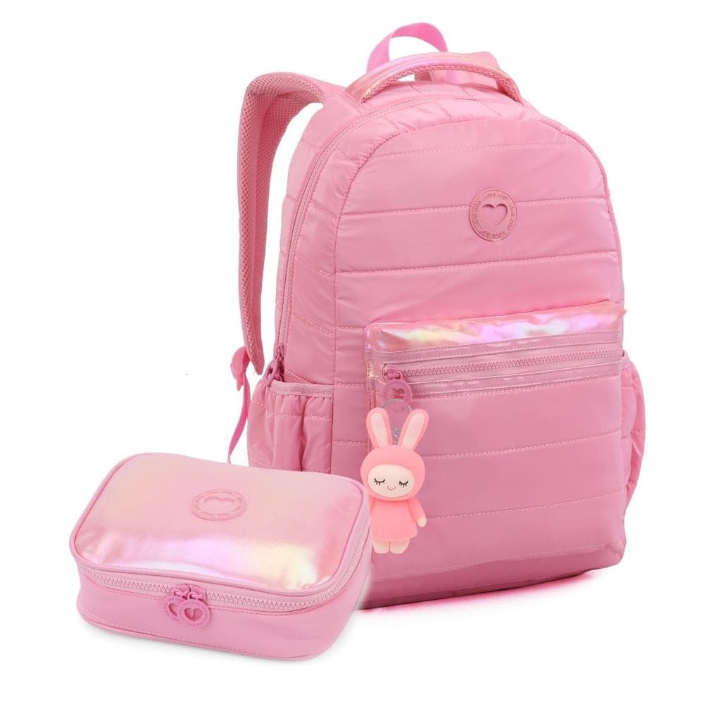 Kit Escolar Mochila Estojo Holográfico Chaveiro Coelhinho Rosa Fofa Kawaii Reforçada Tendência Aluno
