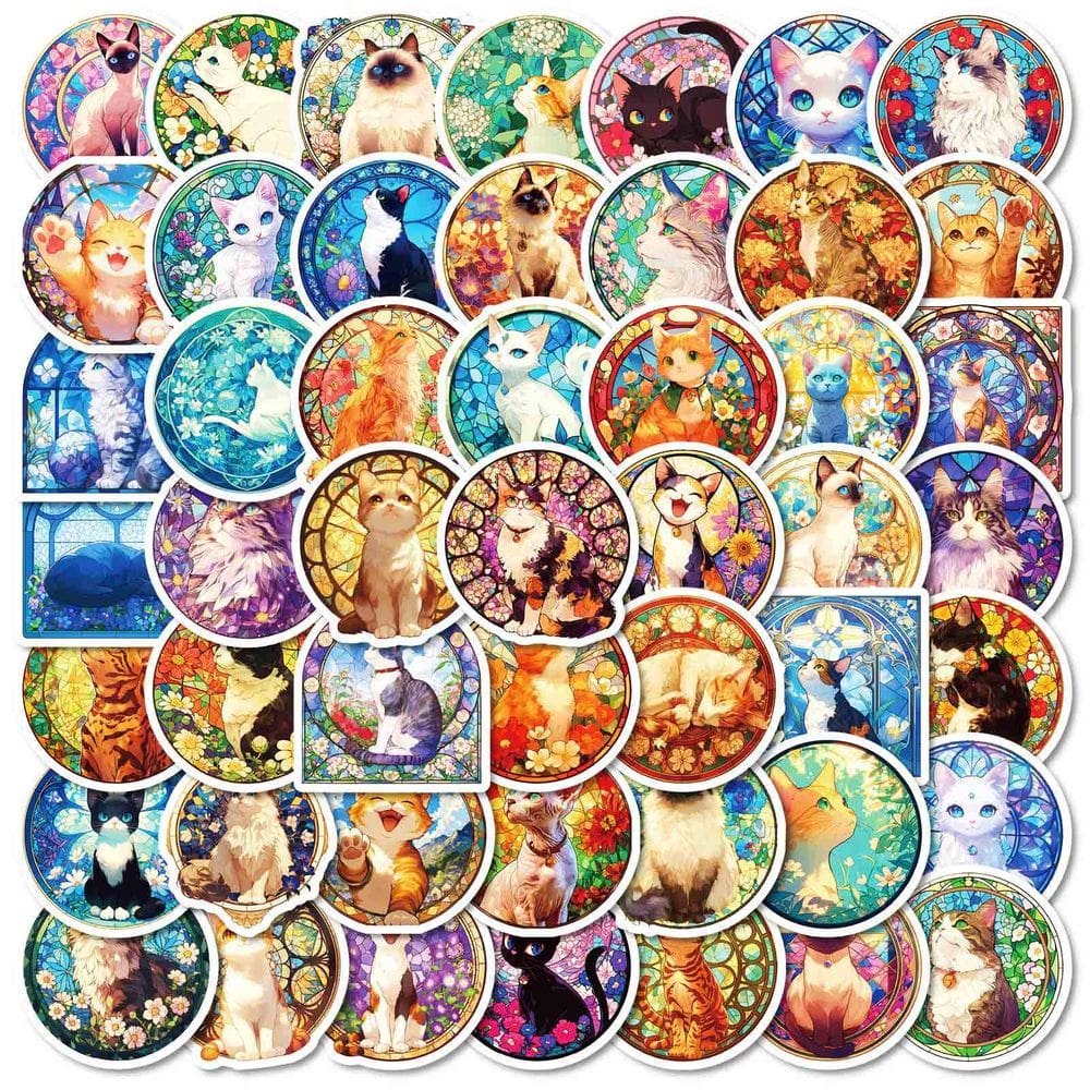 Pacote de adesivos Art Nouveau Cat, 50 unidades, estilo vitral