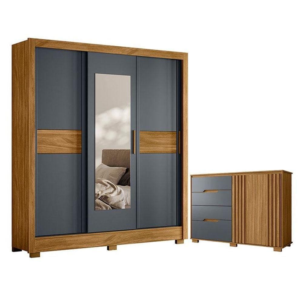 Guarda Roupa Casal Bahamas E Cômoda Texas Freijó Cinza- Moval