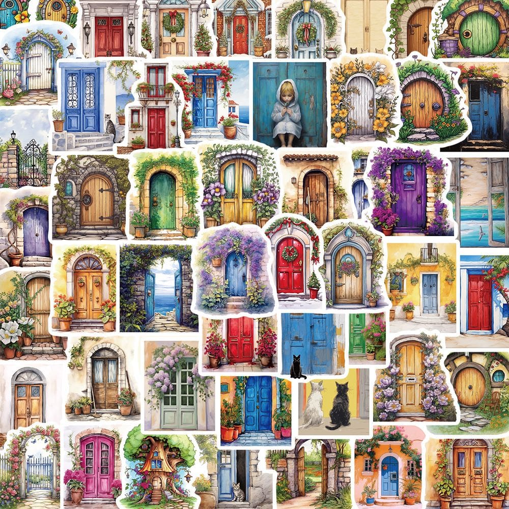 Pacote de adesivos Vintage Door, 50 unidades com asas de gatos e flores