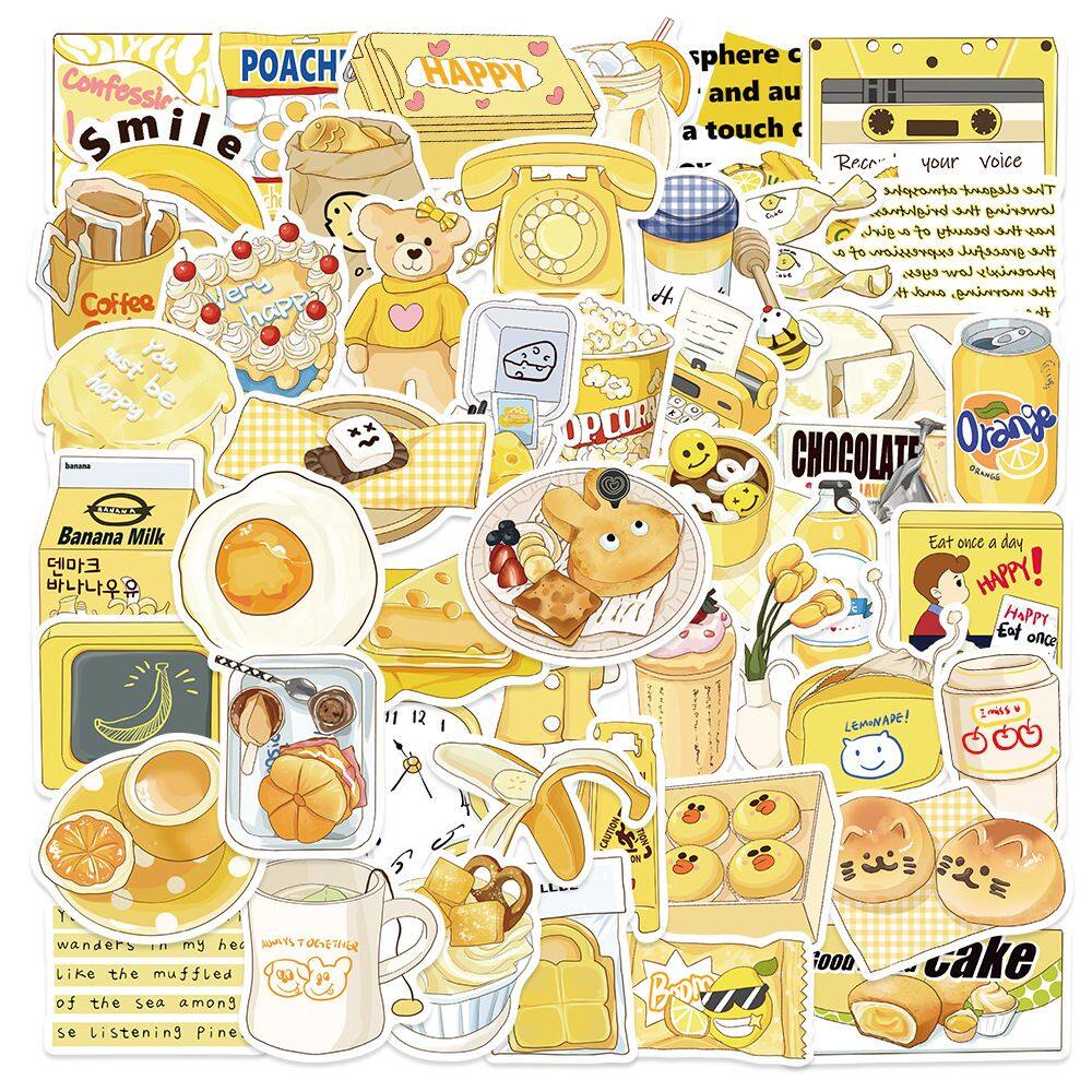 Pacote de adesivos Yellow Aesthetic Cute Cartoon Food, 50 unidades
