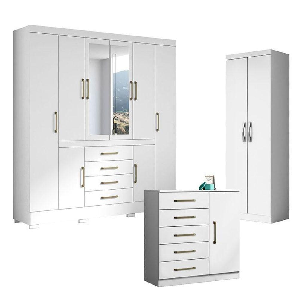 Guarda Roupa Casal Nápole 2045149 E Armário Multiuso New 2000192 E Cômoda Milão Branco - Aramóveis