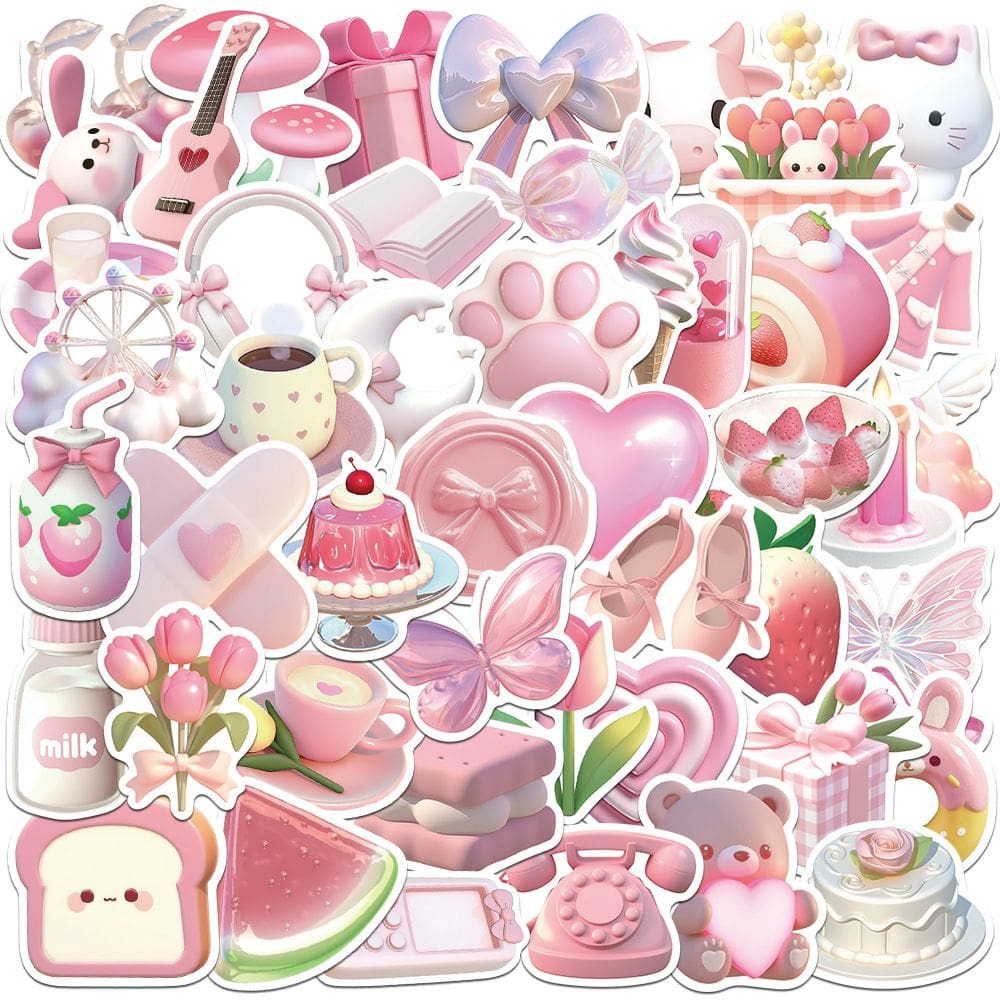 Pacote de adesivos coreano 3D rosa 50 unidades de vinil impermeável para adolescentes
