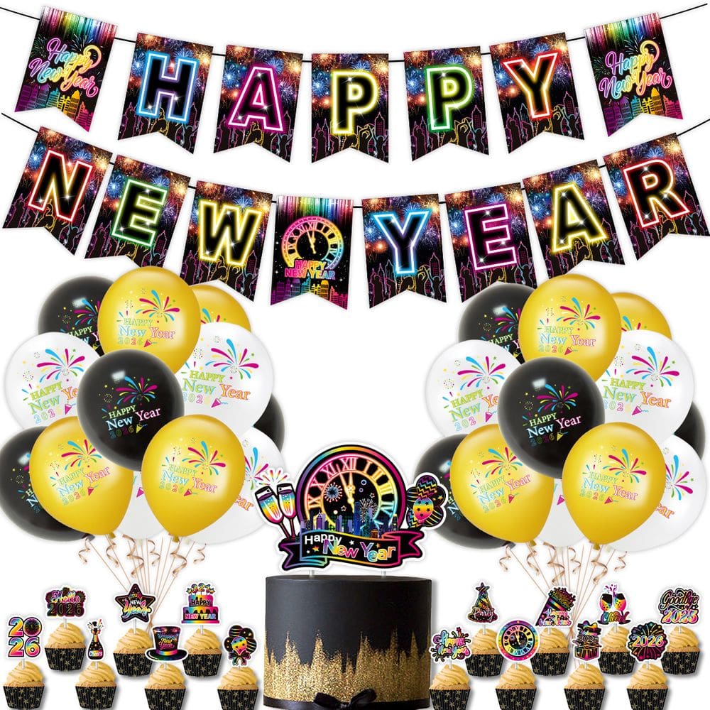 Conjunto de decoração de festa de Ano Novo, 37 unidades, estilo neon, 2026