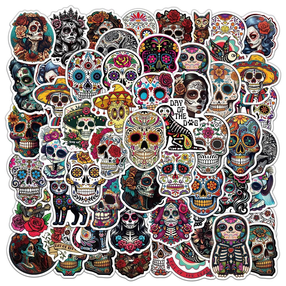 Adesivos Day of the Dead, 50 peças de vinil colorido Sugar Skull