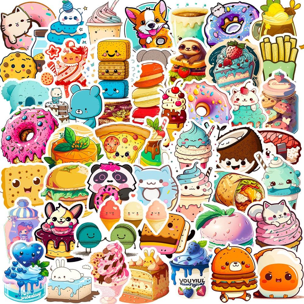 Pacote de adesivos Cute Food, 50 peças de desenhos animados Kawaii à prova d`água
